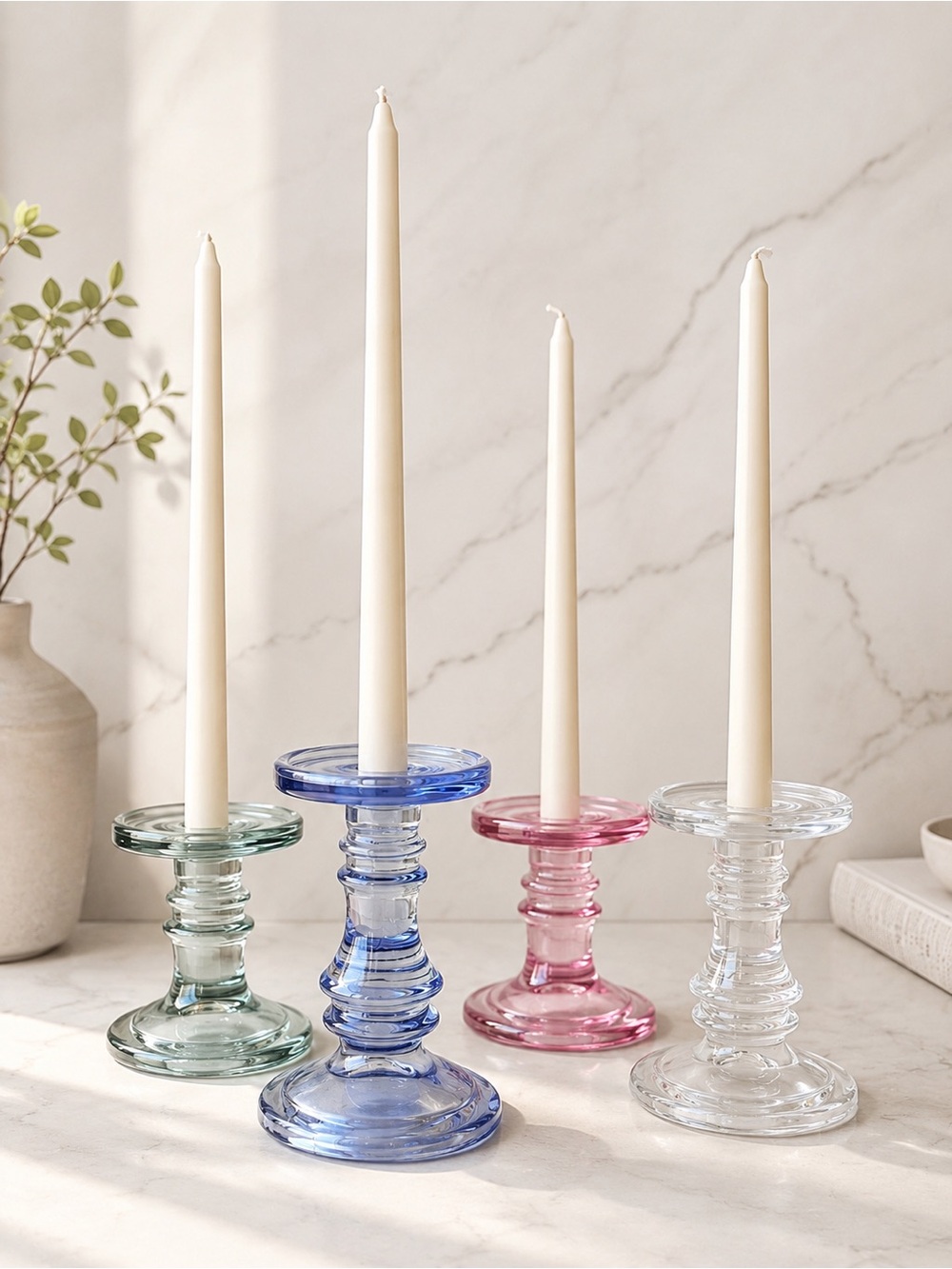 4 piece set Vintage Colored Glass Taper Candle Holder Crystal Blue Pink Green